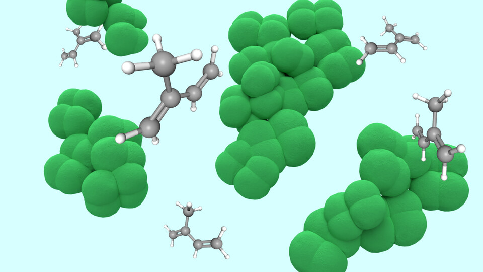 A rendering of methane-producing microorganisms and molecules of isoprene, the primary chemical component of synthetic rubber. A strain engineered by Nebraska's Nicole Buan and colleagues has yielded isoprene levels that outpace those of yeast, E. coli and other microorganisms engineered for the same purpose