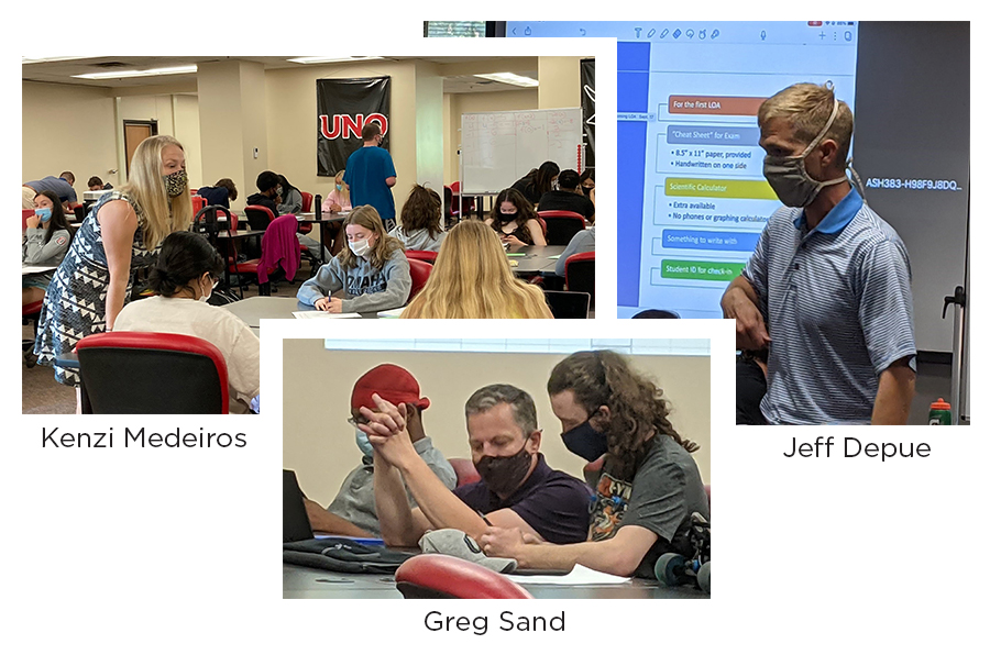 Former NebraskaMATH participants Jeff Depue, Kenzi Medeiros, and Greg Sand are three of the eight instructors who began working together in at UNO Mathematics in June 2021.