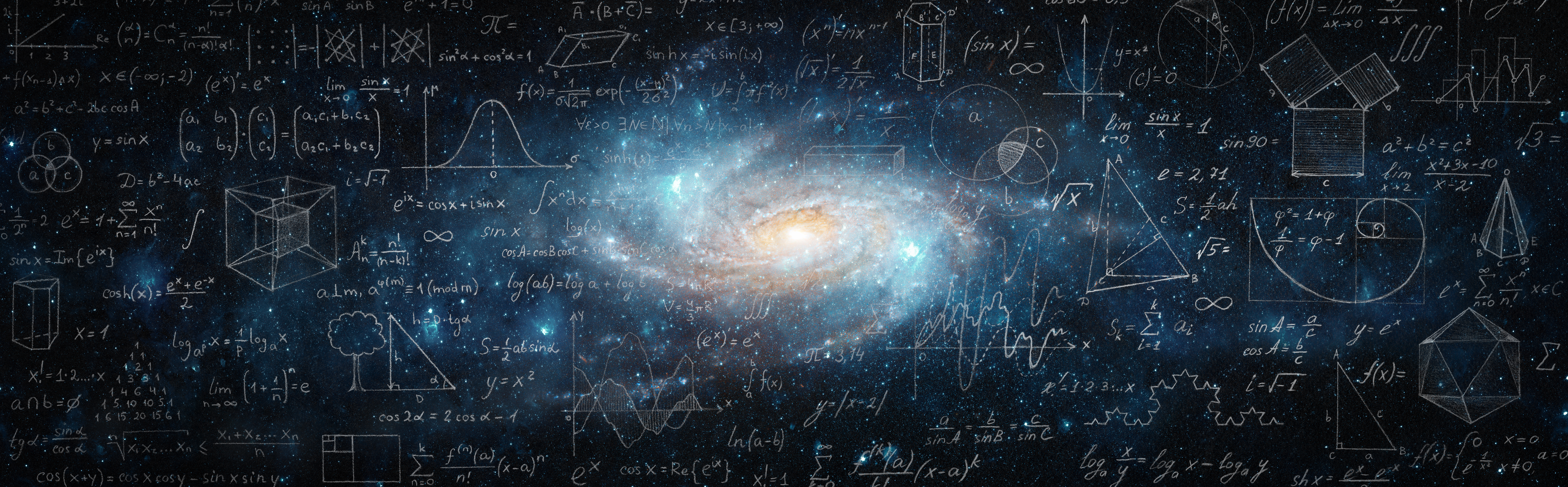 Mathematical and physical formulas against the background of a galaxy in universe. 