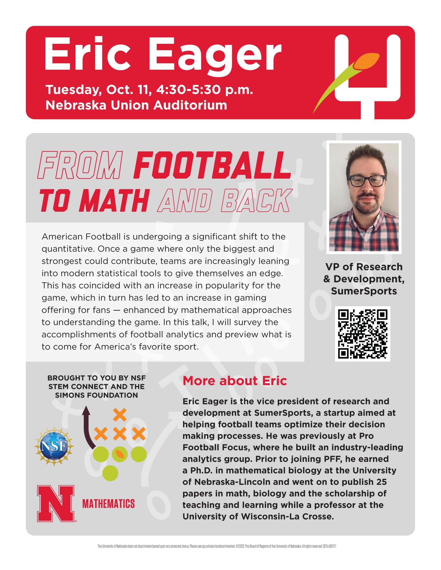 Eric Eager poster about lecture, "From Football to Math and Back", gives more information about lecture and Eager.