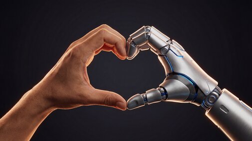Human and robotic hands forming a heart shape in harmony