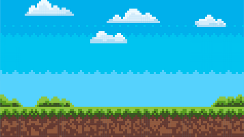 Nobody interface of pixel game platform, evening and sunset view, cloudy sky and green grass with bushes, adventure and level, computer graphic vector, pixelated nature for mobile app games