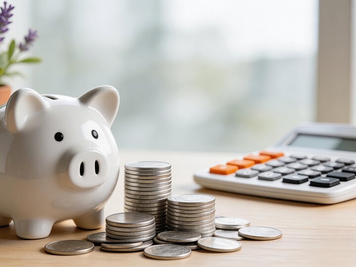 White piggy bank next to stacked coins, a calculator, and a small plant on a wooden table.