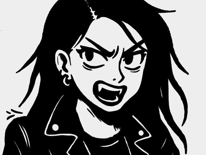 Black-and-white illustration of a person with long, dark hair, wearing a leather jacket, posing with an open mouth, revealing fangs.