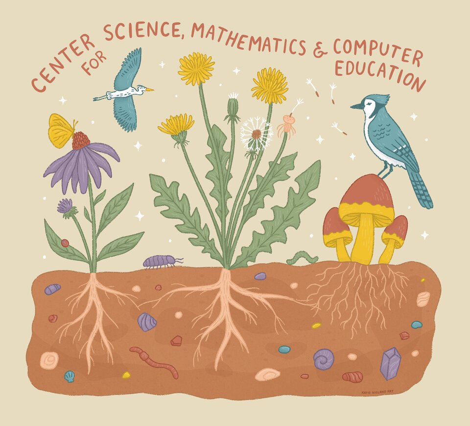 artistic representation of CSMCE values with flowers, mushrooms, roots, birds and dandilions representing various aspects of the centers values