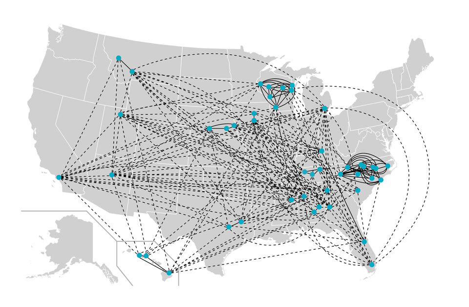 A network map of MTEP networked improvement communities (NICs). The teal nodes represent institutions, the solid lines represent connections between institutions in a NIC, and the dashed lines represent connections between NICs. The network is overlaid atop a USA map to show where in the country the NICs are located.