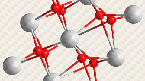 An atomic-level rendering of the material known as hafnium oxide, which consists of one hafnium atom (white) for every two oxygen (red). Bucking years of conventional wisdom, Husker researchers have shown that the material’s most technologically appealing property can emerge from unexpected conditions.