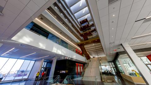 Nebraska’s new Kiewit Hall is a state-of-the-art education facility and a tribute to what is possible through engineering. The building’s staircase, shown here, rises nearly 100 feet from the basement to the college’s offices on the sixth floor. Five stories of the staircase hang from the roof rather than being supported in a more traditional manner on the ground.