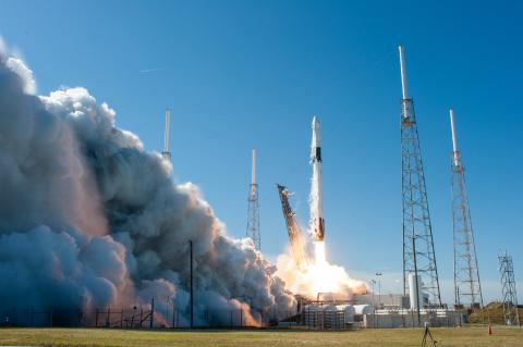 A SpaceX Falcon 9 rocket with a Dragon cargo module lifts off at Cape Canaveral in December 2019. The MIRA surgical robot will be transported to the International Space Station aboard a similar spacecraft.