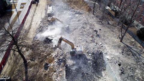 Crews remove concrete and debris from the demolition site of Cather and Pound Halls in February 2018. Nebraska researchers are working to improve recycled concrete for reuse in construction.