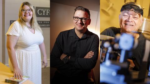 Leaders of research projects earning the university's first Grand Challenges Catalyst awards are (from left) Katie Edwards, Tomas Helikar and Kees Uiterwaal.