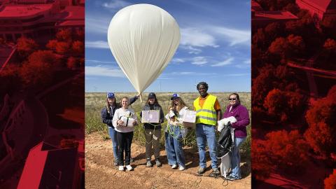 The Aerospace eXperimental Payloads team readies a balloon to be launched during the solar eclipse.