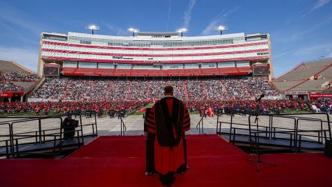 Chancellor Ronnie Green welcomes graduates and guests to the first of two undergraduate commencement ceremonies May 8 in Memorial Stadium.