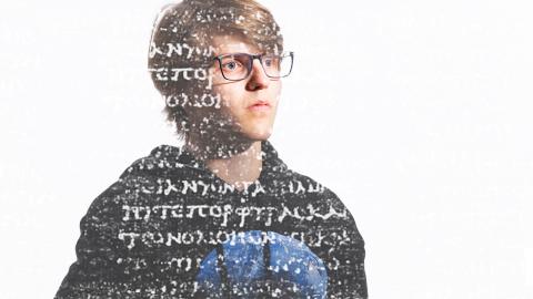 Luke Farritor, a senior at Nebraska, superimposed with Greek text from a nearly 2,000-year-old scroll that he spent much of the past year working to decipher.