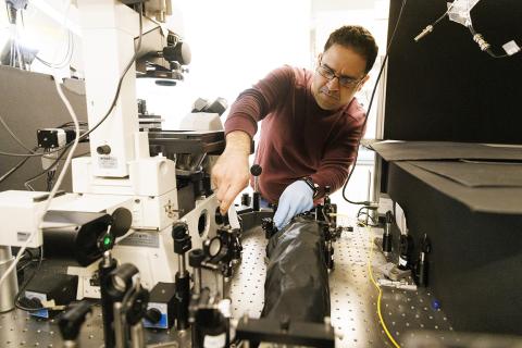 Postdoctoral researcher Mohammadjavad Dowran works with diamond quantum sensing microscopes in Abdelghani Laraoui’s lab.