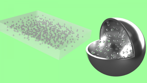 A rendering of liquid metal droplets embedded in a silicone material (left) and microscopic spheres of hollow glass enclosed in a droplet of that liquid metal (right).