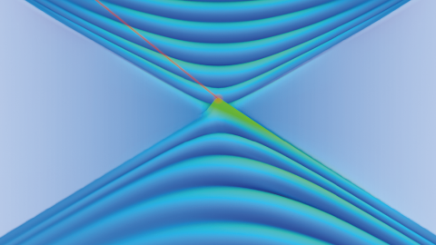 Graphic representation showing how hyperbolic shear polaritons are coupled with light-matter waves. The research team discovered that the waves exist at the surface of monoclinic crystals. Due to low crystal symmetry, the waves are not mirror-symmetric.