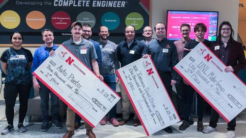 Students, judges and event hosts at the March 23 Engineering Pitch Competition. Undergraduate and graduate students competed to showcase their engineering-based business ideas.