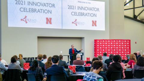 Chancellor Ronnie Green speaking at the 2021 Innovator Awards. The awards were part of the annual Innovator Celebration hosted by NUtech Ventures.