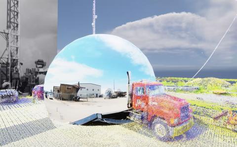 In a still from the Speculative Devices Lab, a working prototype shows a combination of photogrammetry, 360 video and 2D archival image within a Real-Time 3D game engine that allows the player to move around the environment with six degrees of freedom and experience in a VR headset or on a computer screen.